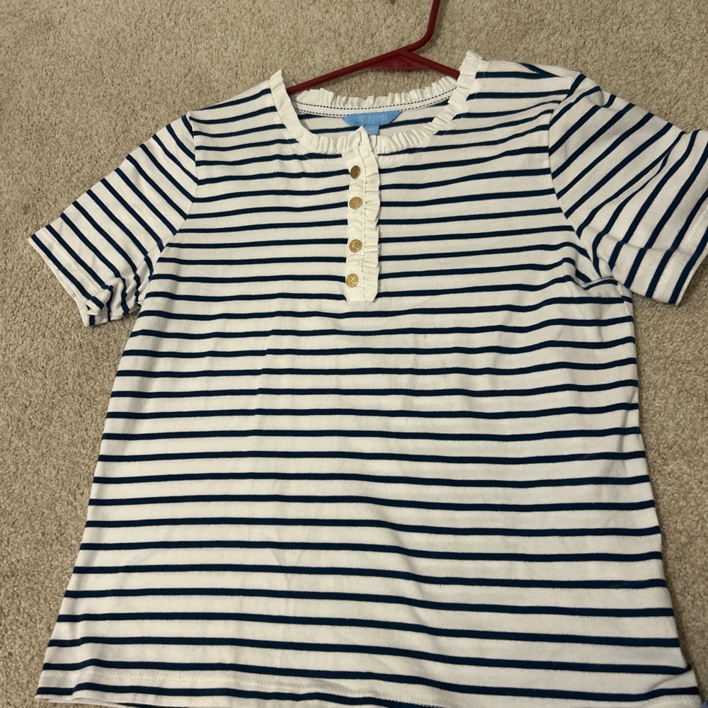 Draper James White and Navy Striped Short Sleeve Henley Tee